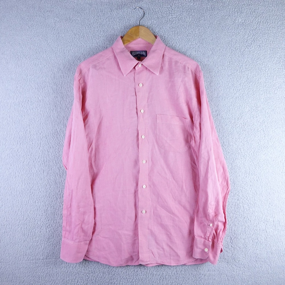 Vilebrequin Mens XL Pink 100% Linen Long Sleeve Button Down Shirt Pocket Classic